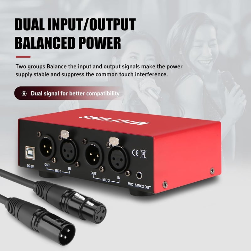 micfuns MC New 2 Channel 48V Phantom Power Supply with 3.5mm Audio Cable to Connect Audio Interface for Condenser Microphone Music Recording Equipment (MC2-new red) - Image 4
